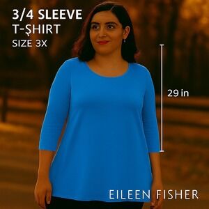 New Cond.Eileen Fisher 3/4 Sleeve T Shirt Top Plus Size 3X Blue Casual